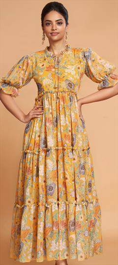 Summer Yellow color Kurti in Faux Georgette fabric with Anarkali, Long Sleeve Floral, Printed work : 1900455