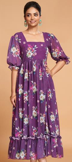 Summer Purple and Violet color Kurti in Faux Georgette fabric with Anarkali, Long Sleeve Floral, Printed work : 1900460