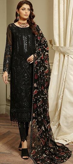 Party Wear, Reception Black and Grey color Salwar Kameez in Georgette fabric with Pakistani, Straight Embroidered, Sequence, Thread work : 1900598