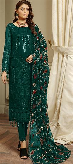 Party Wear, Reception Green color Salwar Kameez in Georgette fabric with Pakistani, Straight Embroidered, Sequence, Thread work : 1900599