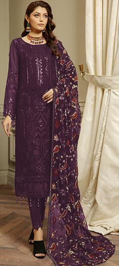 Festive, Reception Purple and Violet color Salwar Kameez in Georgette fabric with Pakistani, Straight Embroidered, Sequence, Thread work : 1900602