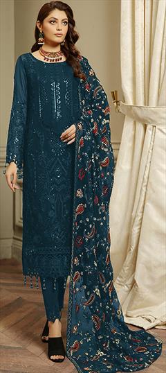 Festive, Reception Blue color Salwar Kameez in Georgette fabric with Pakistani, Straight Embroidered, Sequence, Thread work : 1900604