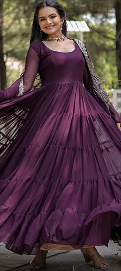 Engagement, Festive, Reception Purple and Violet color Gown in Georgette fabric with Embroidered, Resham, Thread work : 1900621