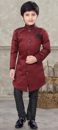 Party Wear Red and Maroon color Boys Indo-Western in Jacquard fabric with Thread work : 1900626