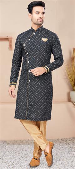 Party Wear Black and Grey color IndoWestern Dress in Cotton fabric with Printed work : 1900709