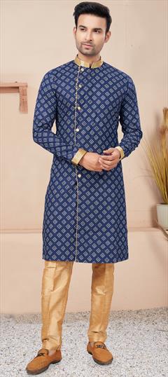 Party Wear Blue color IndoWestern Dress in Cotton fabric with Printed work : 1900711