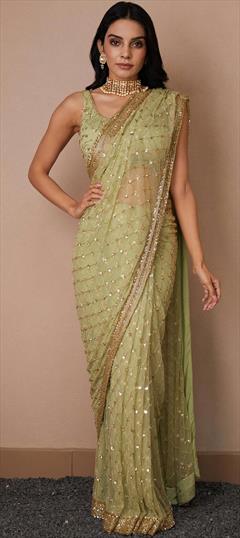 Festive, Reception Green color Saree in Net fabric with Classic Lace, Sequence, Thread work : 1900759