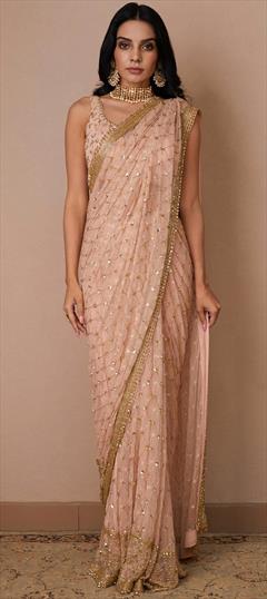 Festive, Reception Pink and Majenta color Saree in Net fabric with Classic Lace, Sequence, Thread work : 1900760
