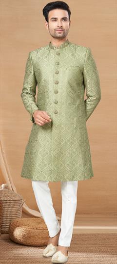 Party Wear Green color IndoWestern Dress in Cotton fabric with Embroidered, Resham, Sequence, Thread work : 1900769