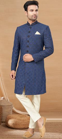 Party Wear Blue color IndoWestern Dress in Cotton fabric with Embroidered, Resham, Sequence, Thread work : 1900771