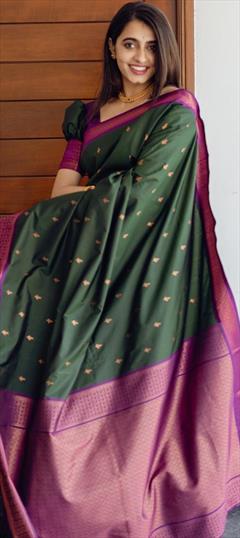 Mehendi Sangeet, Reception, Traditional Green color Saree in Banarasi Silk, Silk fabric with South Weaving work : 1900825
