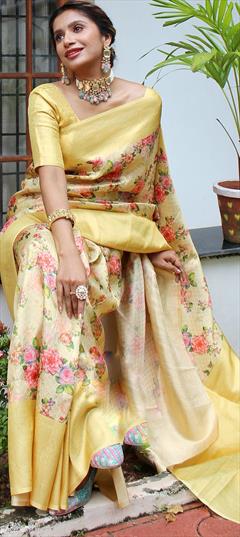 Reception, Traditional, Wedding Gold color Saree in Art Silk fabric with South Floral, Printed, Weaving work : 1900828
