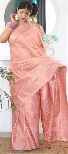 Reception, Traditional, Wedding Pink and Majenta color Saree in Banarasi Silk fabric with South Weaving work : 1900829
