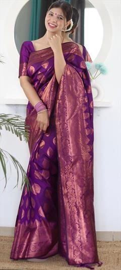 Reception, Traditional, Wedding Purple and Violet color Saree in Banarasi Silk fabric with South Weaving work : 1900830
