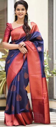 Mehendi Sangeet, Reception, Traditional Blue color Saree in Banarasi Silk, Silk fabric with South Weaving work : 1900834