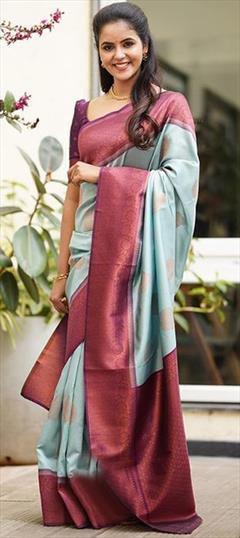Mehendi Sangeet, Reception, Traditional Blue color Saree in Banarasi Silk, Silk fabric with South Weaving work : 1900835