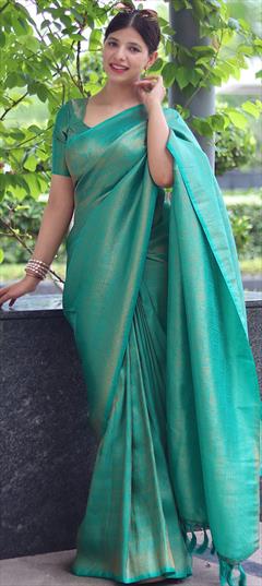 Festive, Reception, Traditional Blue color Saree in Banarasi Silk, Silk fabric with South Weaving work : 1900838