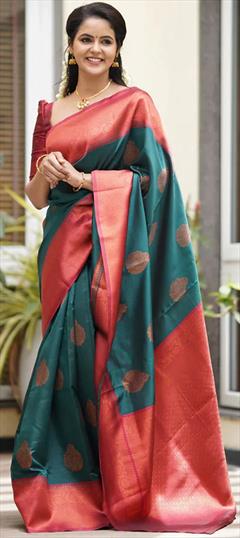 Mehendi Sangeet, Reception, Traditional Green color Saree in Banarasi Silk, Silk fabric with South Weaving work : 1900842
