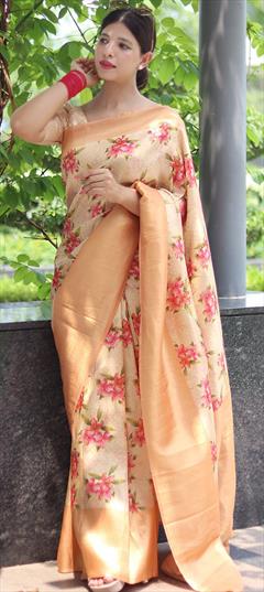 Festive, Reception, Traditional Beige and Brown color Saree in Banarasi Silk, Silk fabric with South Floral, Printed, Weaving work : 1900843
