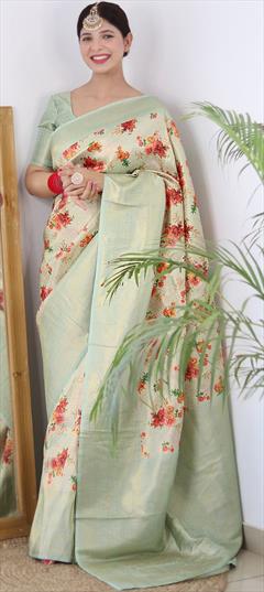 Festive, Reception, Traditional Green color Saree in Banarasi Silk, Silk fabric with South Floral, Printed, Weaving work : 1900853