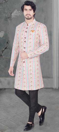 Party Wear White and Off White color IndoWestern Dress in Jacquard fabric with Weaving work : 1900879