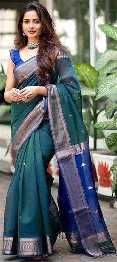 Bollywood, Traditional Blue color Saree in Banarasi Silk fabric with South Zari work : 1900949