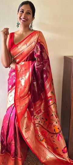 Bollywood, Traditional Pink and Majenta color Saree in Banarasi Silk fabric with South Zari work : 1900950