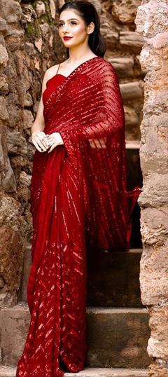 Bollywood Red and Maroon color Saree in Georgette fabric with Classic Embroidered, Sequence, Thread work : 1900952