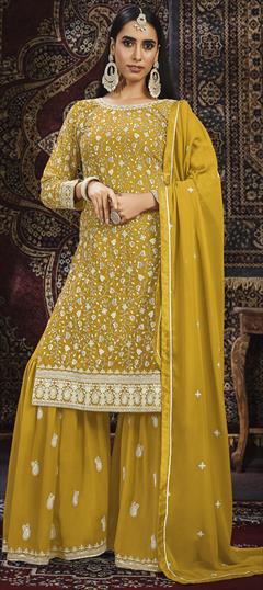 Engagement, Festive, Reception Yellow color Salwar Kameez in Faux Georgette fabric with Sharara, Straight Embroidered, Resham, Thread, Zari work : 1901001