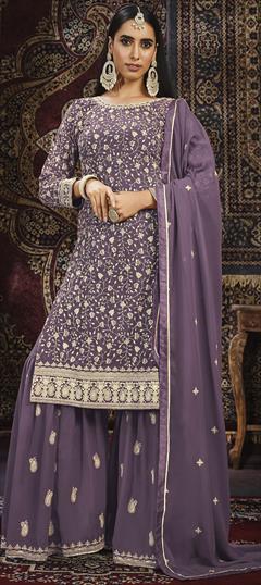 Engagement, Festive, Reception Purple and Violet color Salwar Kameez in Faux Georgette fabric with Sharara, Straight Embroidered, Resham, Thread, Zari work : 1901002