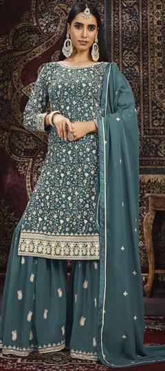 Engagement, Festive, Reception Blue color Salwar Kameez in Faux Georgette fabric with Sharara, Straight Embroidered, Resham, Thread, Zari work : 1901003