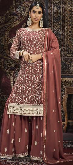 Engagement, Festive, Reception Beige and Brown color Salwar Kameez in Faux Georgette fabric with Sharara, Straight Embroidered, Resham, Thread, Zari work : 1901004