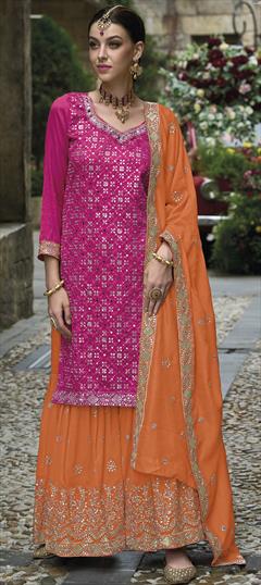 Festive, Mehendi Sangeet, Reception Pink and Majenta color Salwar Kameez in Art Silk fabric with Sharara, Straight Mirror, Sequence, Thread, Zari work : 1901079