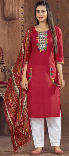 Party Wear Red and Maroon color Salwar Kameez in Cotton fabric with Straight Embroidered, Resham, Thread work : 1901094