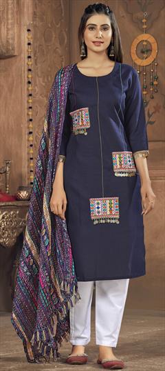 Party Wear Blue color Salwar Kameez in Cotton fabric with Straight Embroidered, Resham, Thread work : 1901126