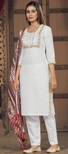 Party Wear White and Off White color Salwar Kameez in Cotton fabric with Straight Embroidered, Resham, Thread work : 1901135