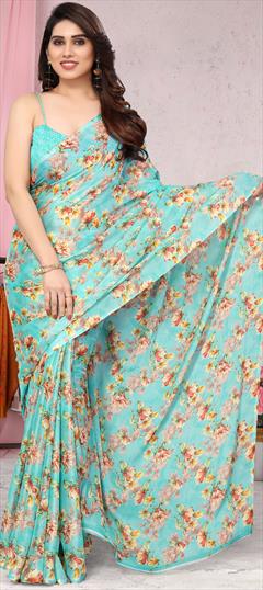 Casual Blue color Saree in Chiffon fabric with Classic Floral, Printed work : 1901222