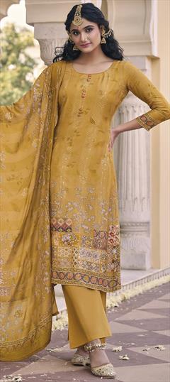 Festive, Reception, Wedding Yellow color Salwar Kameez in Muslin fabric with Pakistani, Palazzo, Straight Digital Print, Floral, Mirror, Sequence work : 1901240