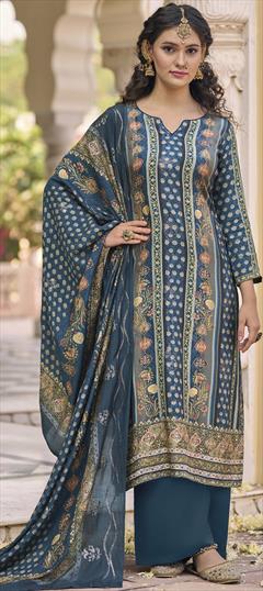 Festive, Reception, Wedding Blue color Salwar Kameez in Muslin fabric with Pakistani, Palazzo, Straight Digital Print, Floral, Mirror, Sequence work : 1901242