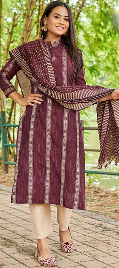 Festive, Party Wear Red and Maroon color Salwar Kameez in Cotton fabric with Straight Weaving work : 1901244