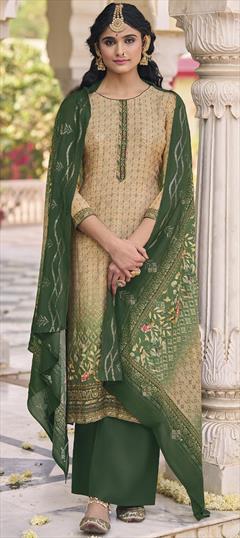 Festive, Reception, Wedding Beige and Brown color Salwar Kameez in Muslin fabric with Pakistani, Palazzo, Straight Digital Print, Floral, Mirror, Sequence work : 1901245