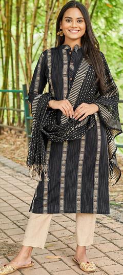 Festive, Party Wear Black and Grey color Salwar Kameez in Cotton fabric with Straight Weaving work : 1901246