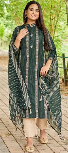 Festive, Party Wear Green color Salwar Kameez in Cotton fabric with Straight Weaving work : 1901247