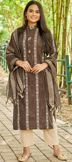 Festive, Party Wear Beige and Brown color Salwar Kameez in Cotton fabric with Straight Weaving work : 1901249