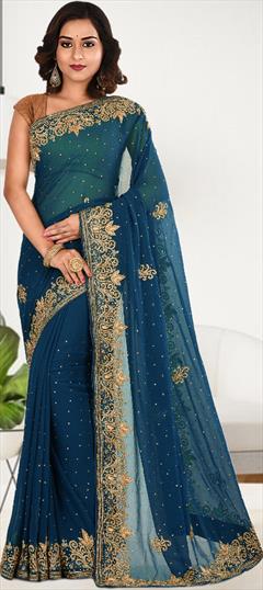 Bridal, Mehendi Sangeet, Wedding Blue color Saree in Georgette fabric with Classic Cut Dana, Stone work : 1901280