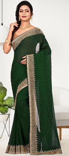 Bridal, Mehendi Sangeet, Wedding Green color Saree in Georgette fabric with Classic Cut Dana, Stone work : 1901283