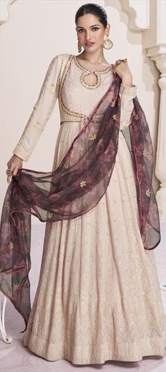 Engagement, Reception, Wedding Pink and Majenta color Gown in Georgette fabric with Bugle Beads, Sequence, Stone, Zardozi work : 1901334