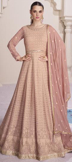 Engagement, Reception Pink and Majenta color Gown in Georgette fabric with Embroidered, Sequence, Thread work : 1901335