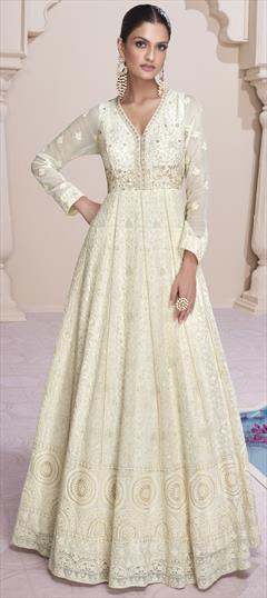 Engagement, Reception, Wedding White and Off White color Gown in Georgette fabric with Cut Dana, Embroidered, Sequence, Thread work : 1901336