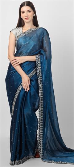 Bridal, Traditional, Wedding Blue color Saree in Silk fabric with Classic, South Cut Dana, Mirror, Stone work : 1901340